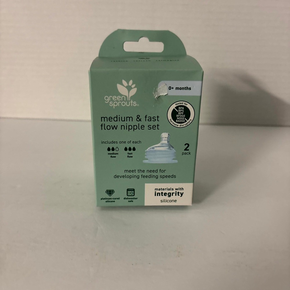 Green Sprouts Silicone Bottle Nipples Medium/Fast Flow 2-Pack 0+ Months New